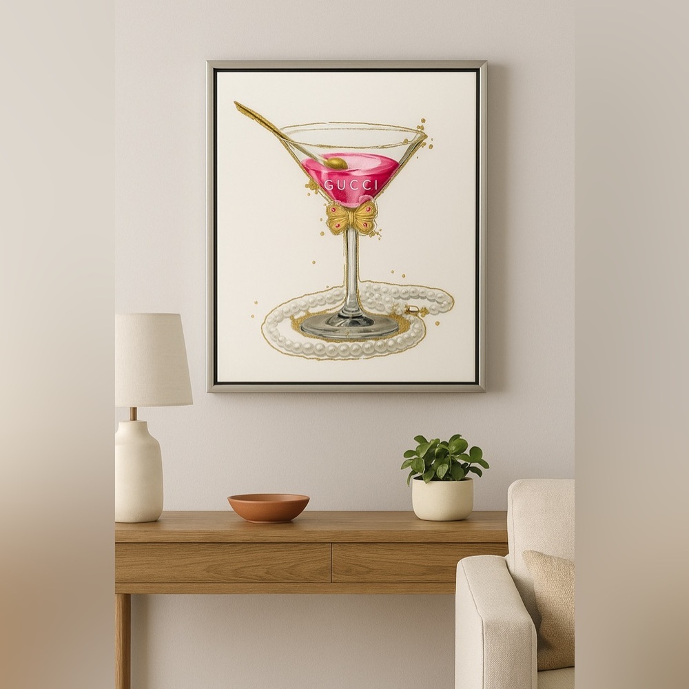 Art Remedy Glimmering Italian Martini Gucci Canvas Silver Frame, 11” x 14”